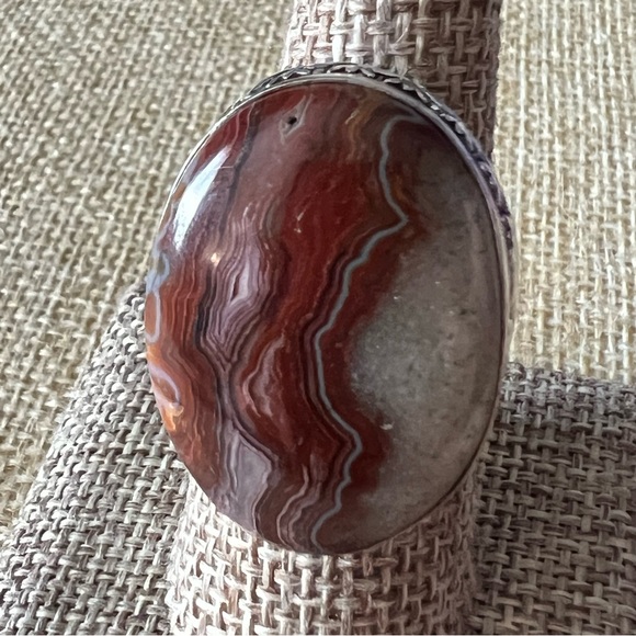 New Laguna Agate Stone Silver Overlay Ring Size 7.5 - Picture 2 of 5